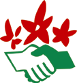 Das traditionelle Logo der NaturFreunde: der Handschlag mit den drei Alpenrosen ...